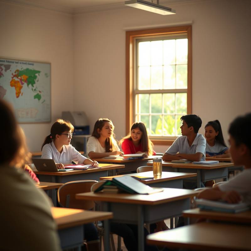 Sala de aula com estudantes participando ativamente.